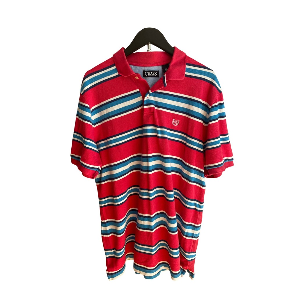 Red Blue Striped Polo Shirt Men's Large Chaps 100% Cotton Y2K Preppy
